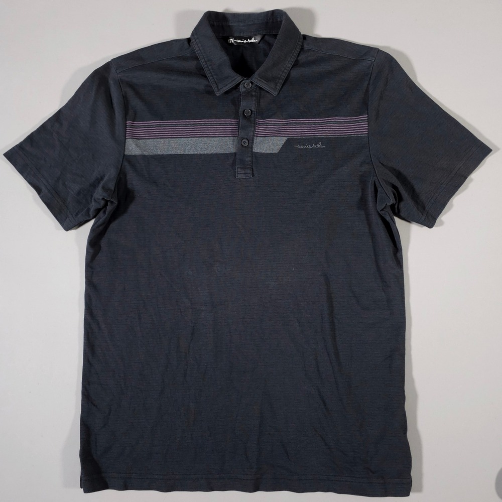 Travis Mathew Polo Shirt Mens Medium Charcoal Grey Purple Striped Pima Cotton - Picture 3 of 7